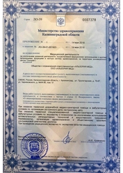 Лицензия клиники Альзория — № ЛО-39-01-001923 от 14 мая 2018