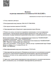 Лицензия клиники Стоматология Смайл Крафт — № Л041-01137-77/00139830 от 01 апреля 2022