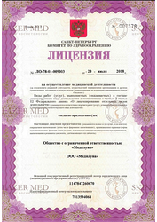 Лицензия клиники SkinLazerMed (СкинЛазерМед) на Воскова — № ЛО-78-01-009003 от 20 июля 2018